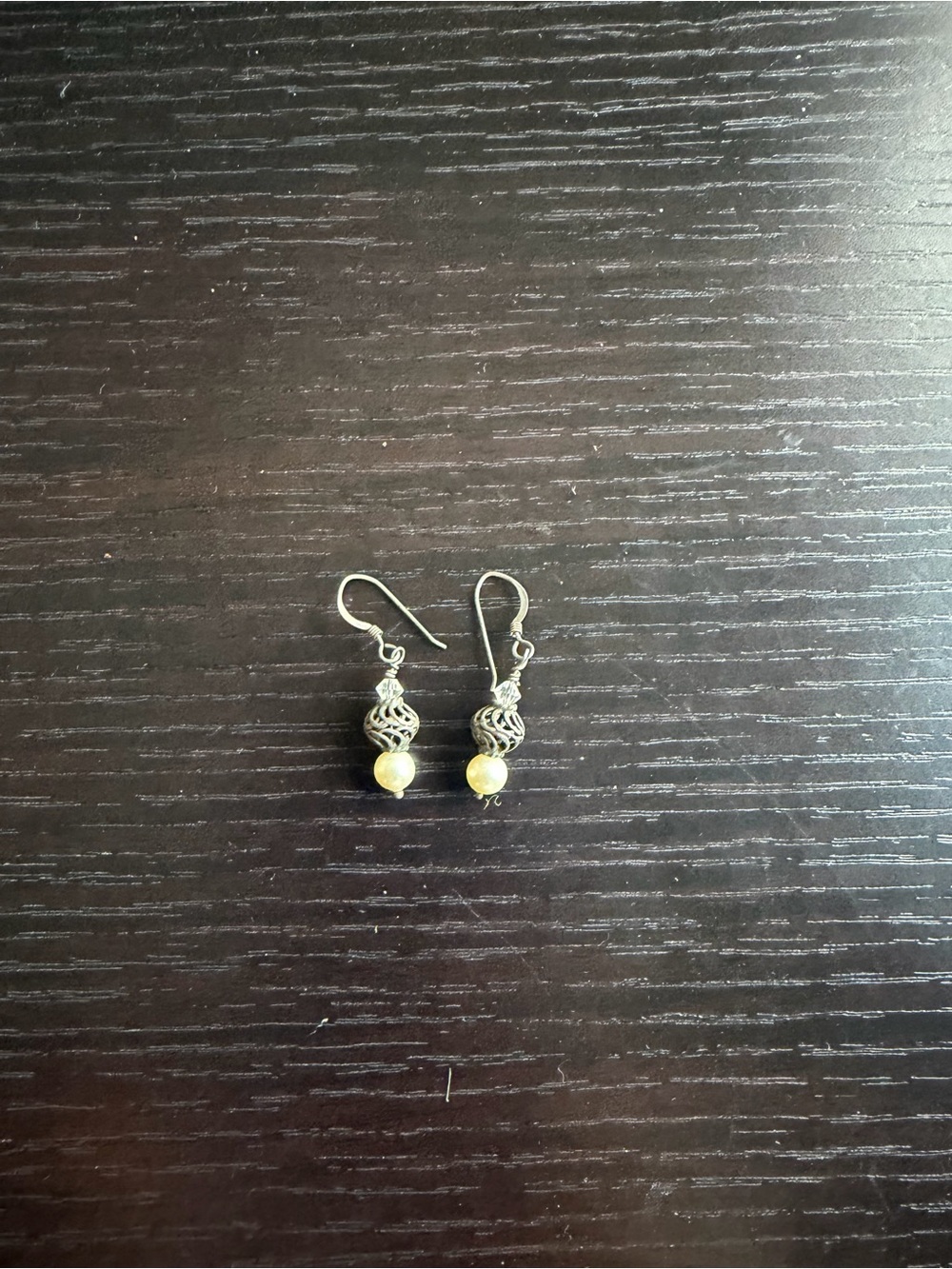 Silver filigree dangle faux pearl earrings